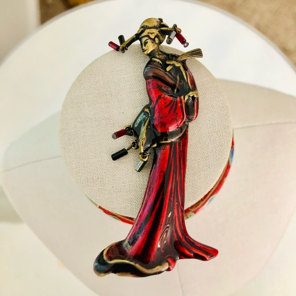 Vintage Red Asian Geisha Brooch & Bangle Bracelet - Picture 3 of 11